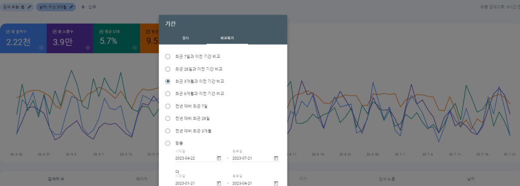 구글서치콘솔 실적카테고리 비교하기 기능