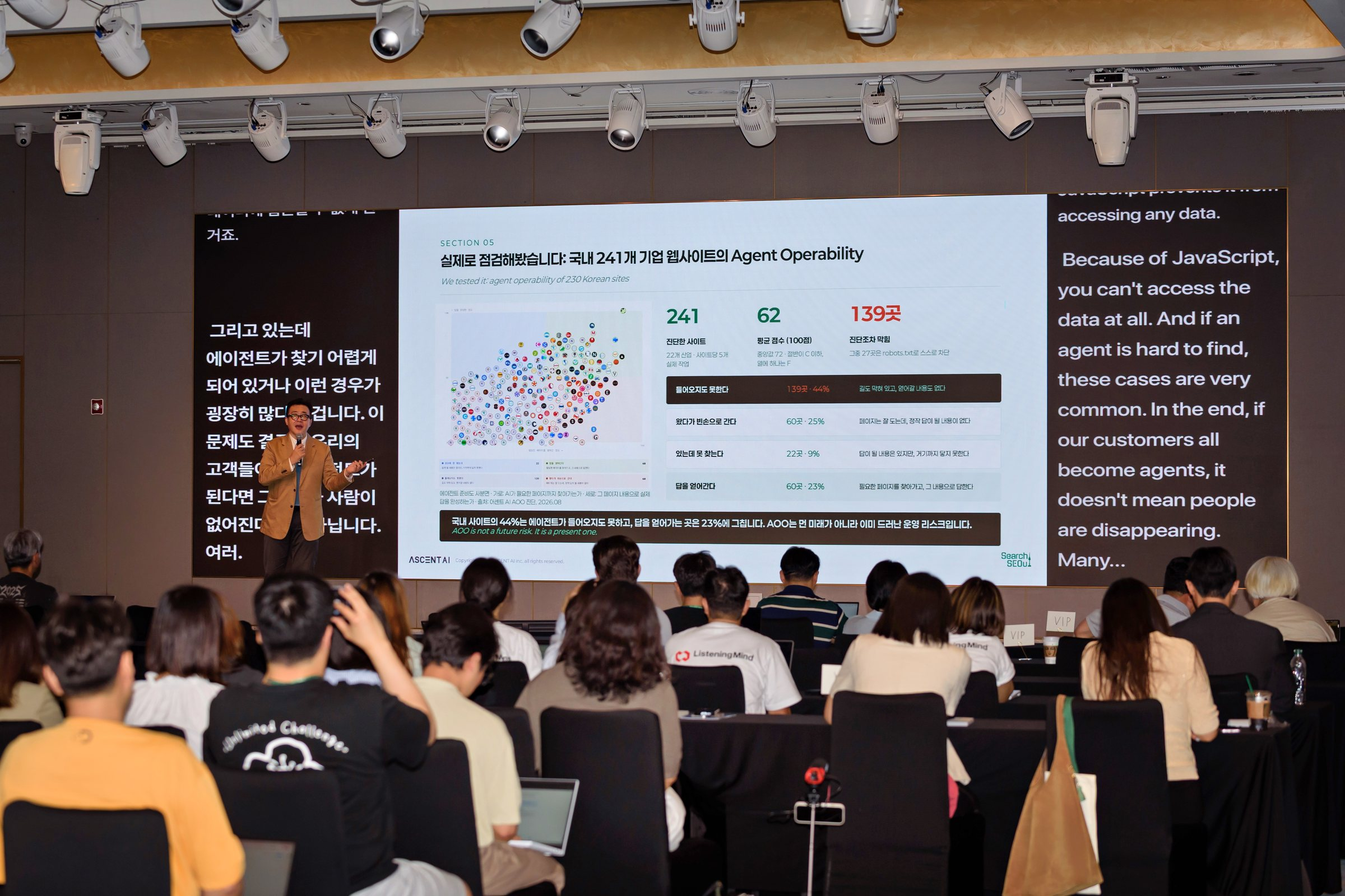 Search SEOul 2026 세션 현장에서 발표 중인 연사와 객석을 채운 참석자들